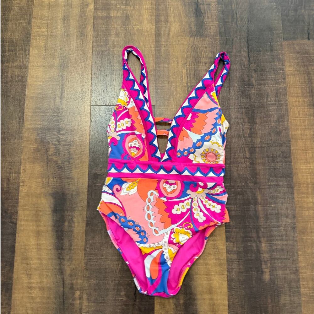 Trina Turk Pink Orange Blue Abstract Print One Piece Swimsuit Size 6